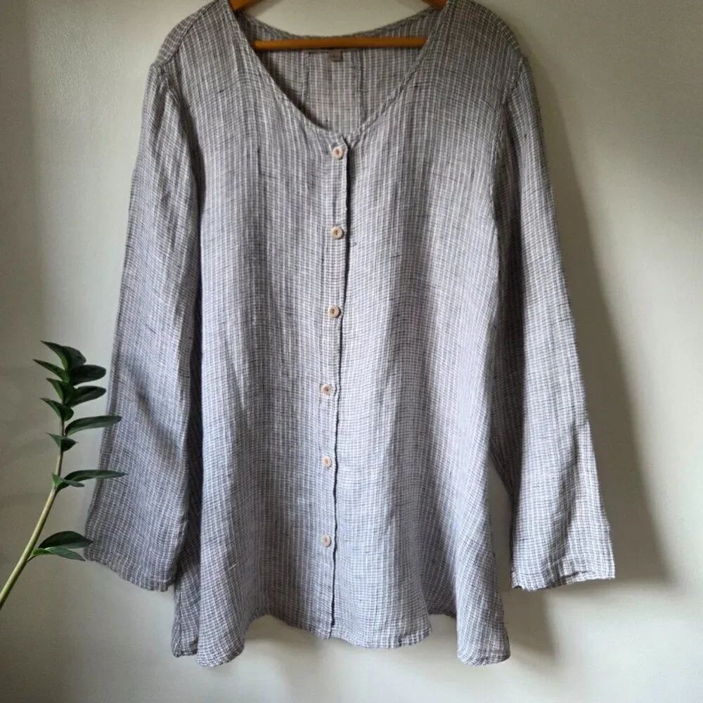 EUC FLAX WOVEN 100% LINEN BUTTONED TUNIC SHIRT LONG SLEEVES TOP SIZE LARGE WMNS